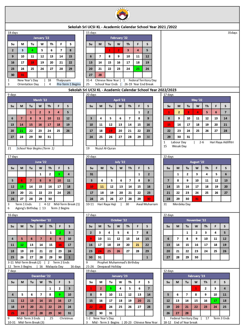 Academic Calendar - Sekolah Sri UCSI Kuala Lumpur